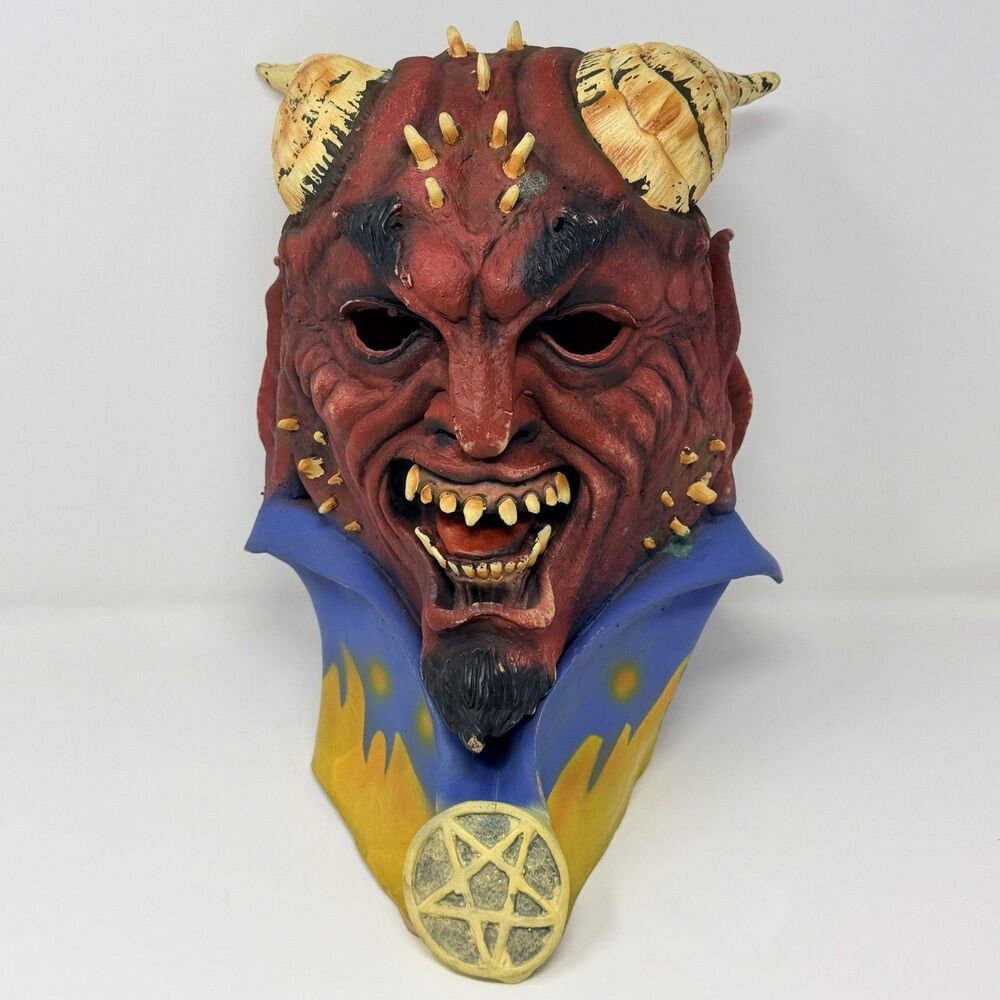 Red Devil Demon Horned Latex Mask Adult Halloween Horror Warlock Cosplay Costume